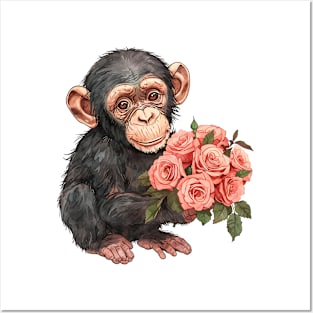 Valentine Chimpanzee Giving Flowers Posters and Art